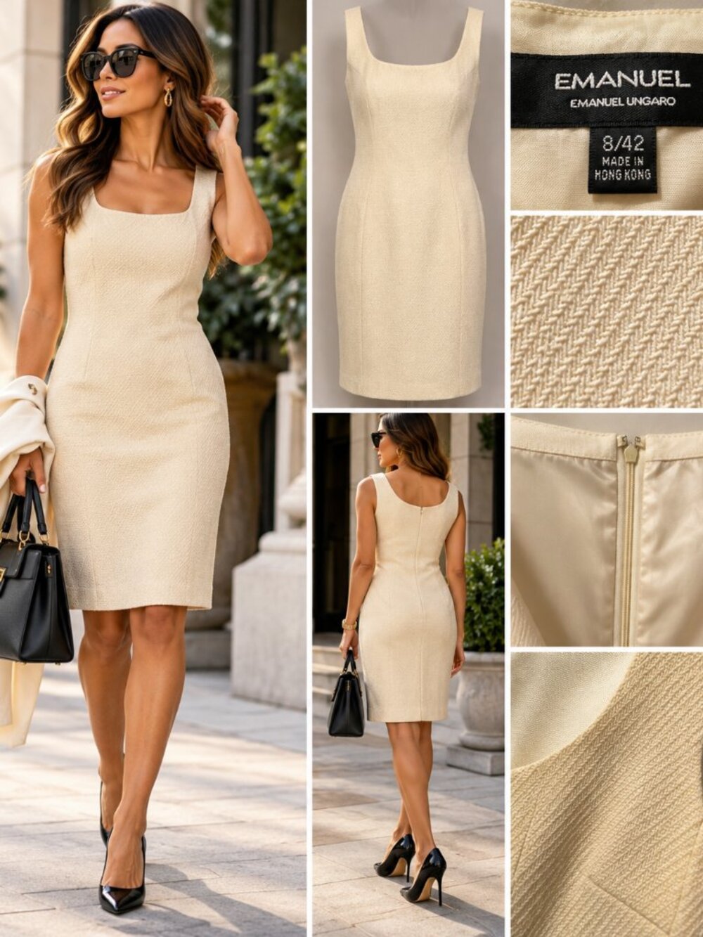 Emanuel Ungaro Dress 8 42 Ivory Wool Sheath Sleeveless Textured Designer